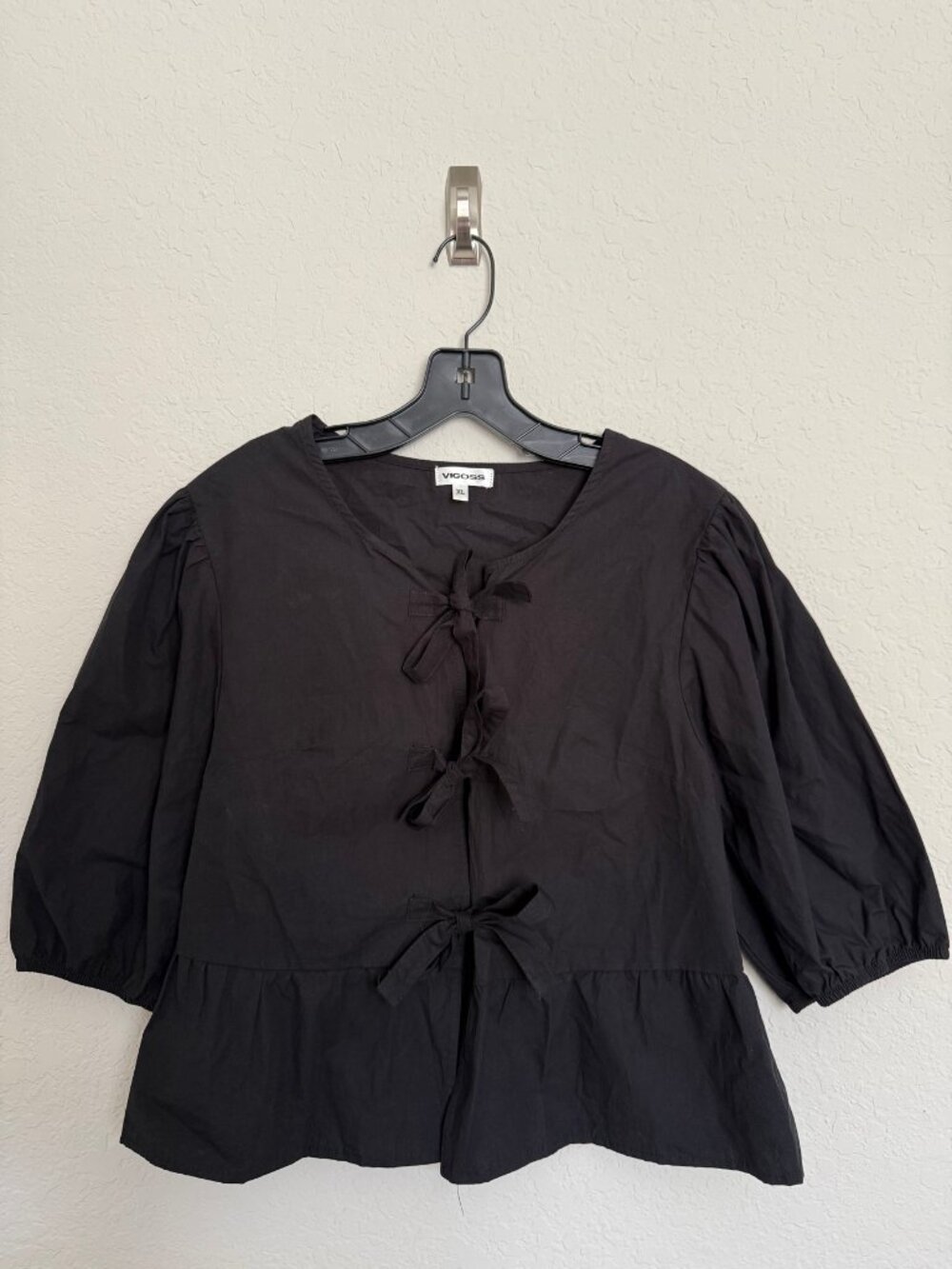 Vigoss Black Tie Front Peplum Poplin Blouse Puff Sleeve 100% Cotton XL Boho